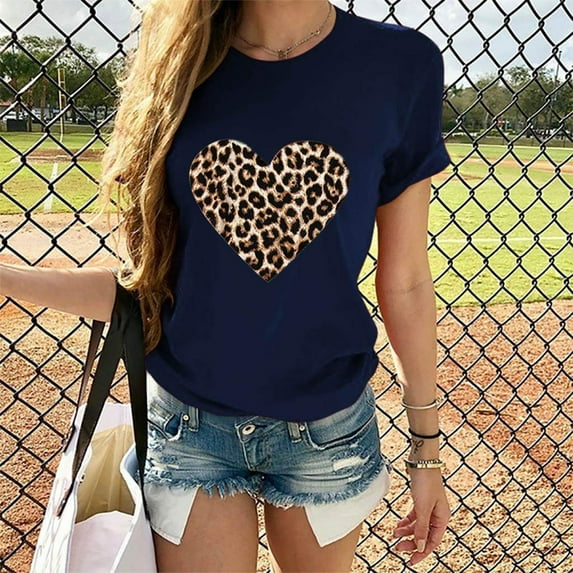 Pimelu Womens Summer Tops 2024 Womens Summer Tops Vintage Leopard Heart Graphics Tee Shirts Plus Size Casual Round Neck Short Sleeve Valentines Shirts Blouses Womens Tee Shirts
