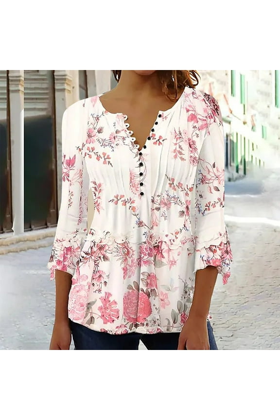Womens Tops Dressy Casual,Summer Tops for Women 3/4 Sleeve Blouses for Women Plus Size 2024 Soft Spring V Neck Teens Henley Tops Floral Print Blouses for Women Plus Size