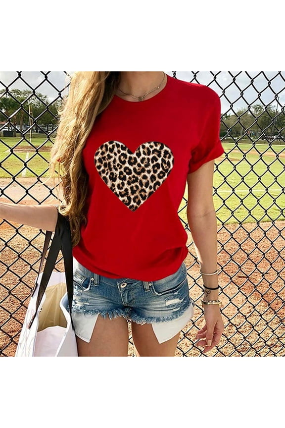 Womens Tops Womens Summer Tops Vintage Leopard Heart Graphics Tee Shirts Plus Size Casual Round Neck Short Sleeve Valentines Shirts Blouses Womens Tee Shirts