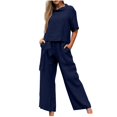 thumbnail image 1 of Pimfylm 2 Piece Sets for Women Summer Cap Sleeve Crop Top Wide Leg Pants Matching Lounge Set Vacation Beach Travel Outfits Navy, M, 1 of 7