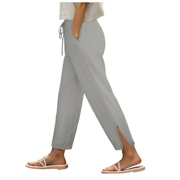 Pimfylm 2025 Linen Pants Women High Waist Elastic Drawstring Lounge Trousers Casual Lightweight Side Split Summer Beach Pants Dark Gray, L