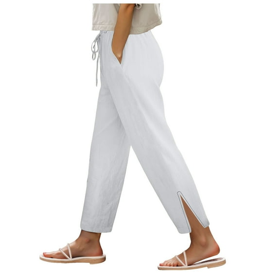 Pimfylm 2025 Linen Pants Women High Waist Elastic Drawstring Lounge Trousers Casual Lightweight Side Split Summer Beach Pants White, XL