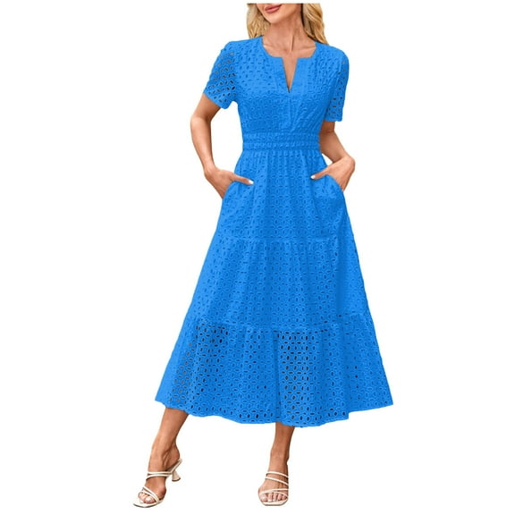 Pimfylm 2025 Women Summer Short Dress V Neck Short Sleeve A Line Hollow Out Lace Ruffle Cute Casual Beach Party Dresses Blue, XS