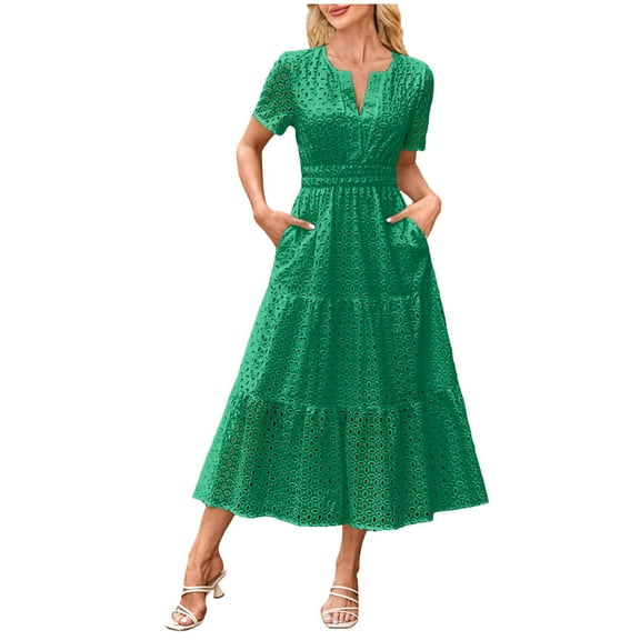 Pimfylm 2025 Women Summer Short Dress V Neck Short Sleeve A Line Hollow Out Lace Ruffle Cute Casual Beach Party Dresses Green, M