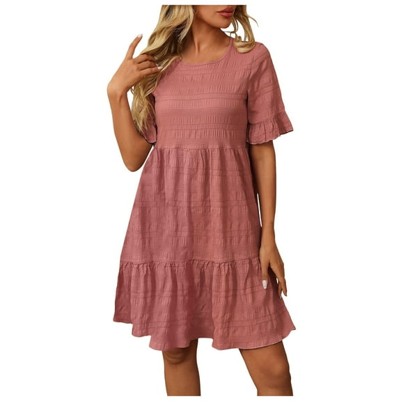 Pimfylm 2025 Women Summer Short Dress V Neck Short Sleeve A Line Hollow Out Lace Ruffle Cute Casual Beach Party Dresses Pink, L