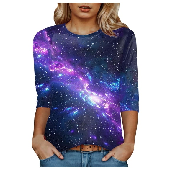 Pimfylm 3/4 Length Sleeve Shirts for Women Floral Business Shirts Tops Blouses Tops Loose Fit T-Shirts Purple, L