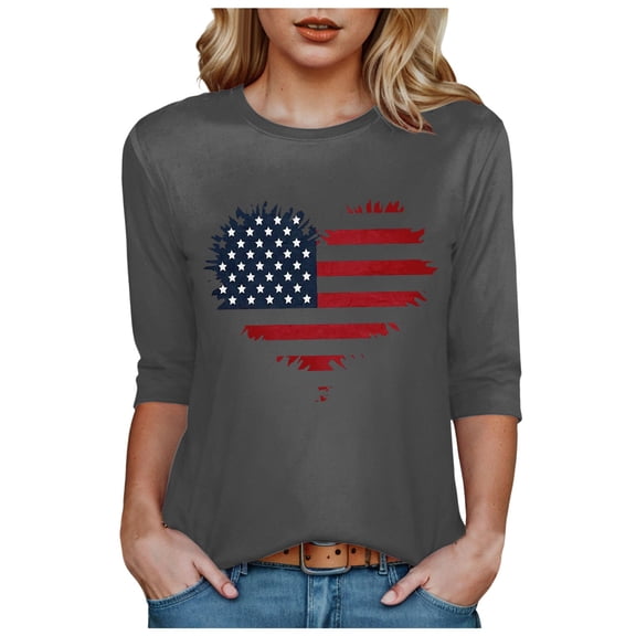 Pimfylm 3/4 Sleeve USA Patriotic Shirts for Women 4th of July America Stars Stripes Flag Graphic Tops Summer BBQ Tee Grey, XXL