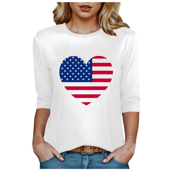 Pimfylm 3/4 Sleeve USA Patriotic Shirts for Women 4th of July America Stars Stripes Flag Graphic Tops Summer BBQ Tee White, XXL