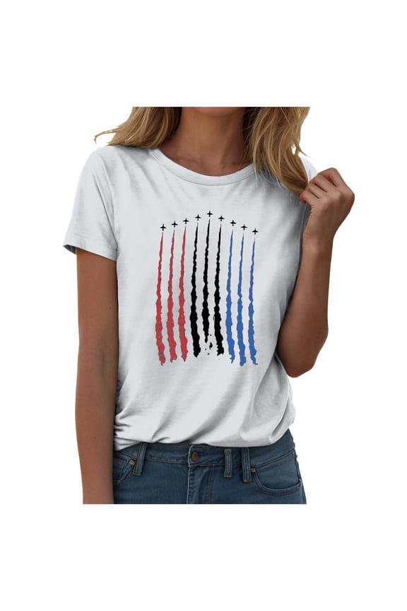 4th of July Shirts Women American Flag Patriotic Shirts USA Star Stripes Graphic T Shirt Short Sleeve Summer Tees White, S