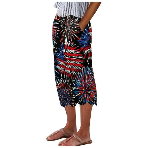 Pimfylm American Flag Women Pants 4th of July Summer Casual Loose High Waist Wide Leg Long Lounge Pant with Pocket(Red,S)