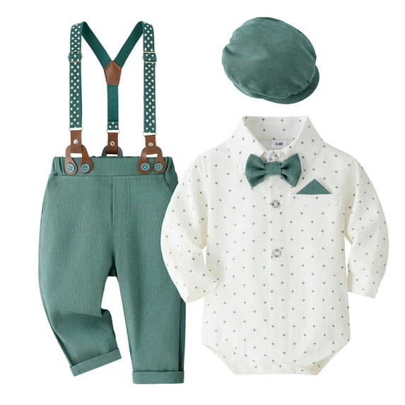 Pimfylm Baby Boy Formal Suits for Boys Baby Boys Formal Suit Set Short Sleeve with Bowtie Suspender Shorts Pants Outfits Toddler Clothes 3PCS Blue,Size for 9-12 Months