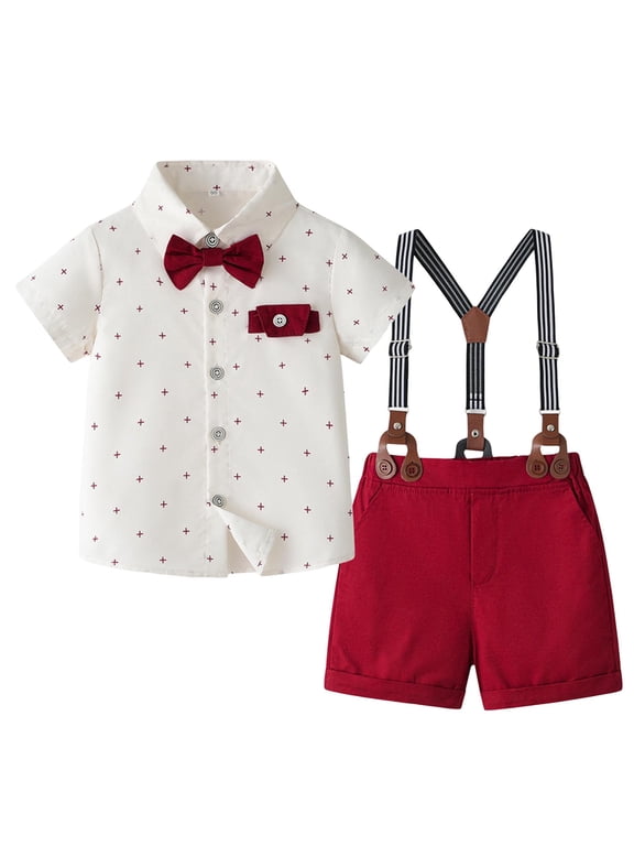 Baby Boy Shirt & Tie Baby Boy Christening Outfit Childrens Comfortable Breathable Set Boys Simple Short Sleeved Shirt Overalls Set Size for 18-24 Months,Wine