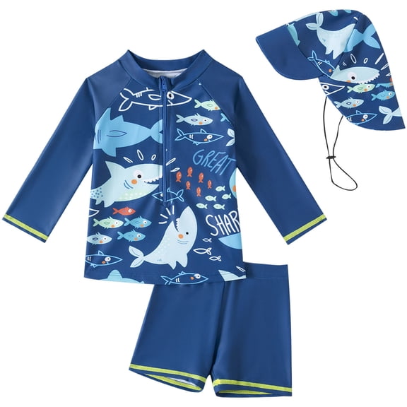 Pimfylm Baby Boy Swimsuit 2 Piece Toddlers and Baby Boys Rash Guard Swim Set for Boys Long Sleeve Bathing Suits with Swim Trunks Two Piece Swimwear Blue,Size for 2-3 Years