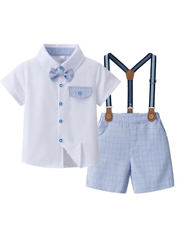 Baby Boys Dressy Outfit Sets Baby Boy Baptism Outfit Childrens Comfortable Breathable Set Boys Simple Short Sleeved Shirt Overalls Set Size for 2-3 Years,Light Blue