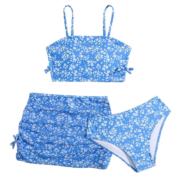Pimfylm Baby Girl Bikini Set Girls Swimsuit Print Bikini Set Criss Cross Bathing Suit with Cover Up 3PCS Blue,Size for 10-11 Years