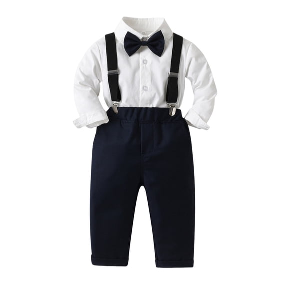 Pimfylm Baby Outfit Baby Boy Formal Short Set Toddler Summer Gentleman Outfit Kid Short Sleeve Bowtie Shirt Suspender Shorts Suit 3PCS Navy,Size for 18-24 Months