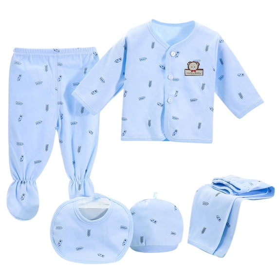 Pimfylm Baby Unisex Baby Cotton Layette Set 5PCS Baby Boys Girls Cartoon Long Sleeve Tops+Hat+Pants +Bib Outfits Set Blue,Size for One Size