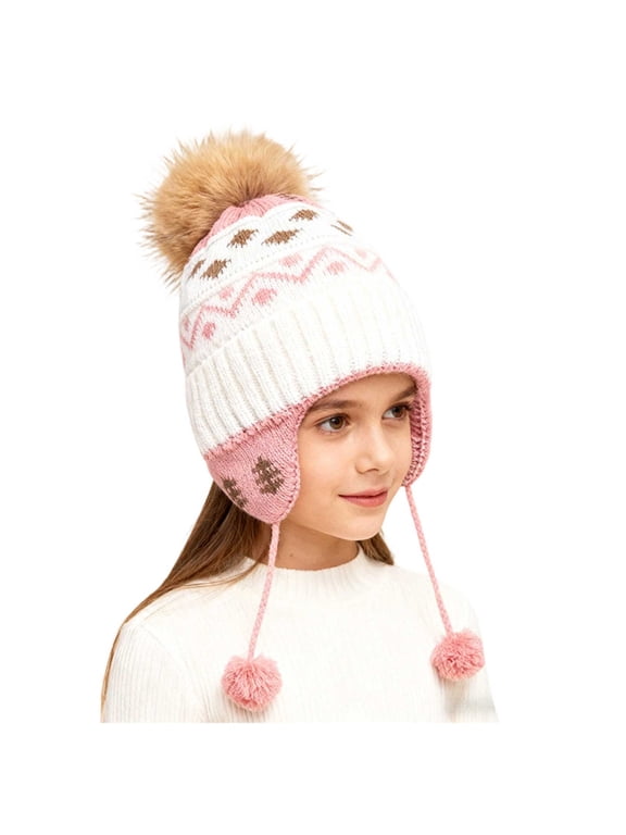 Baby Winter Hat Kids Knit Woolen Winter Hat Fleece Lined Windproof Earflap with Pattern for 1-4 Years,White
