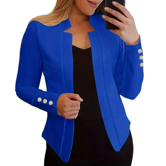 Pimfylm Blazers for Women Business Casual Lightweight Open Front Plus Size Notch Collar Long Sleeve Cardigan Suit Jackets Blue, XXL