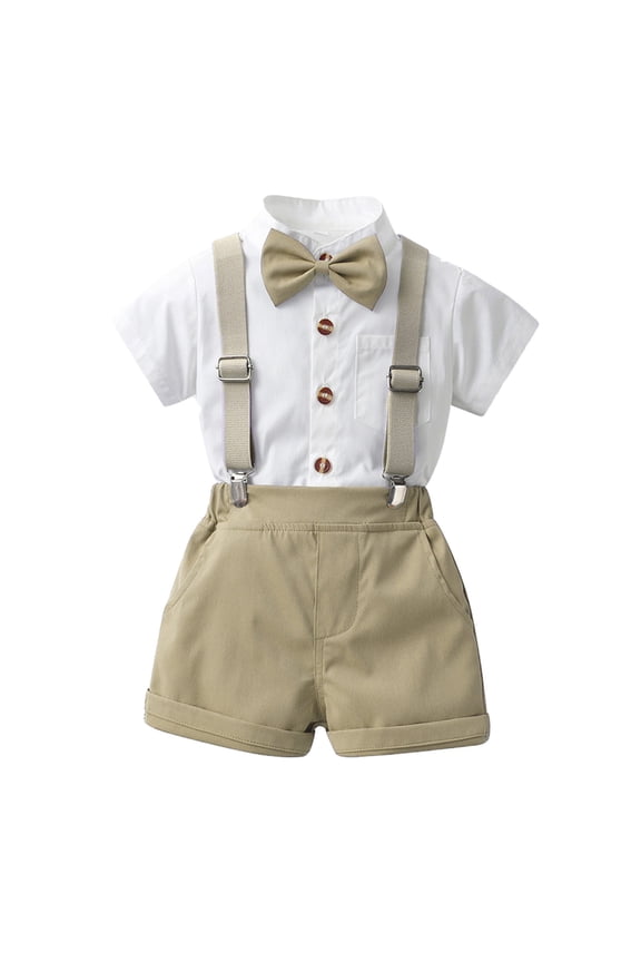 Boys Tracksuit Baby Boys Gentleman Outfits Shorts Sets,Infant Shirt + Shorts + Bow Tie + Suspenders 3PCS Khaki,Size for 9-12 Months