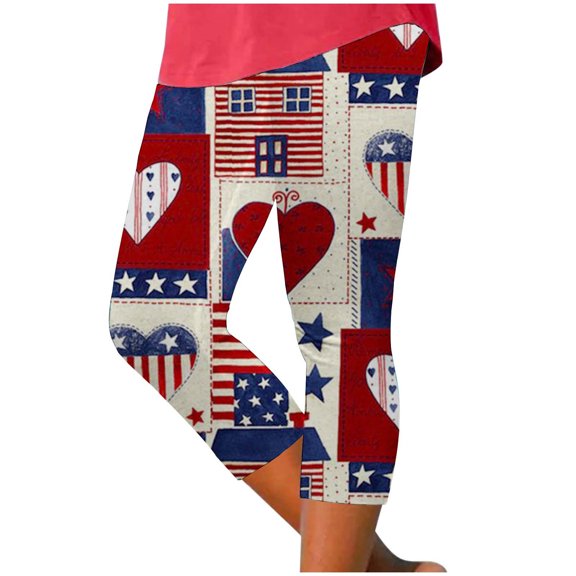 Pimfylm Capri Length Print Mid Waist Yoga Pants Leggings Tights Compression Yoga Running Fitness 4Th of July Print(Dark Blue,S)