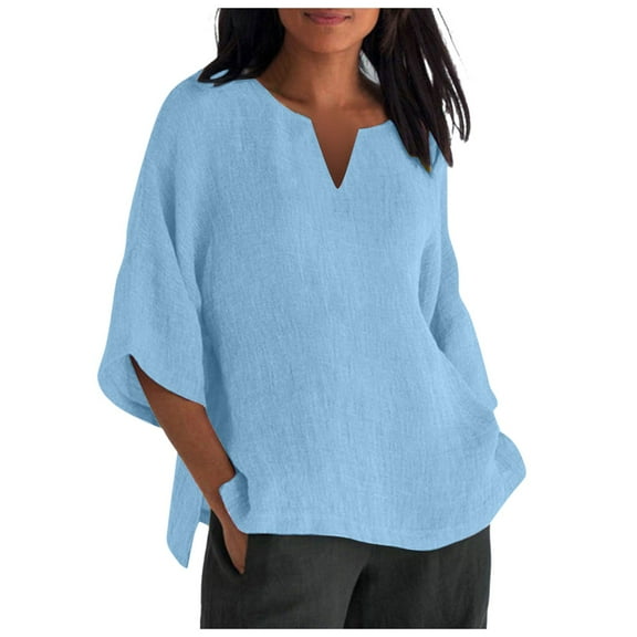Pimfylm Cotton Lien Shirts for Women Squaer Neck 3/4 Sleeve Solid Color Tops 2025 Fall Casual Loose Vacation Tees Light Blue, L