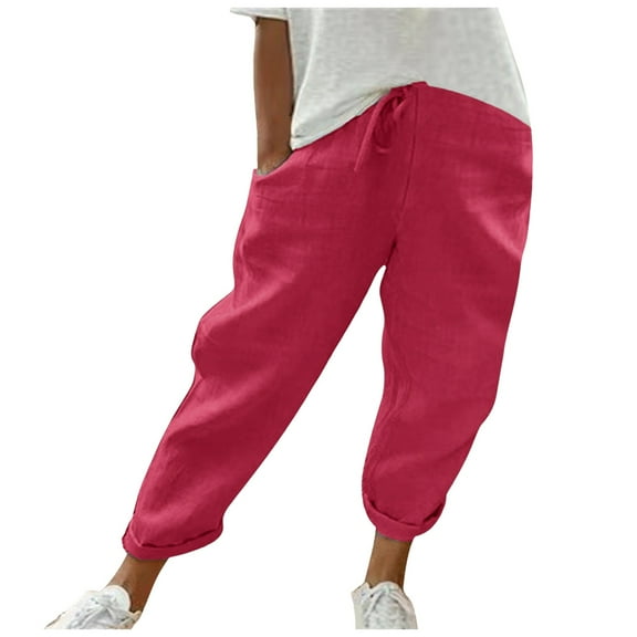 Pimfylm Cotton Linen Tapered Pants Women Summer Drawstring Plain Elastic Waist Petite Pants Joggers Casual Soft Trousers with Pockets , M