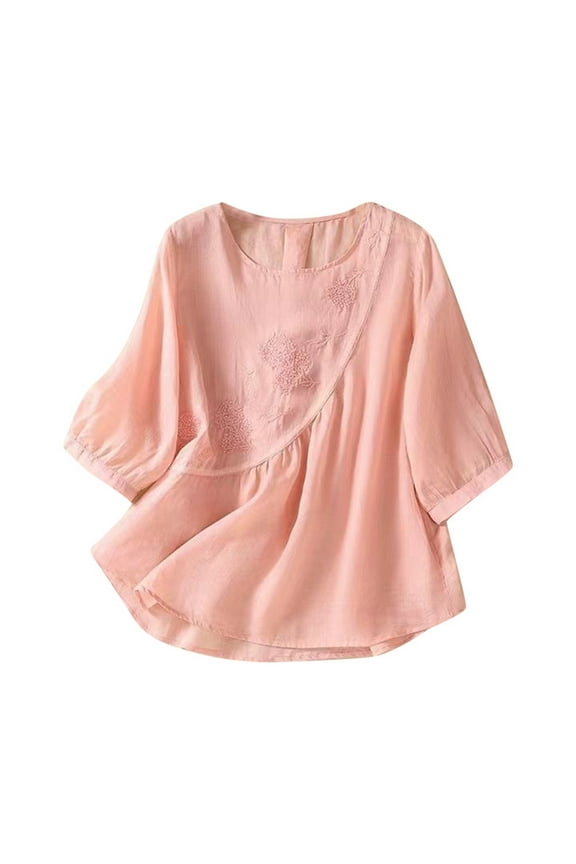 Embroidered Cotton Linen Tops for Women 3/4 Sleeve Summer Boho Peasant Blouses Dressy Casual Bohemian Tunic Shirts Pink, M