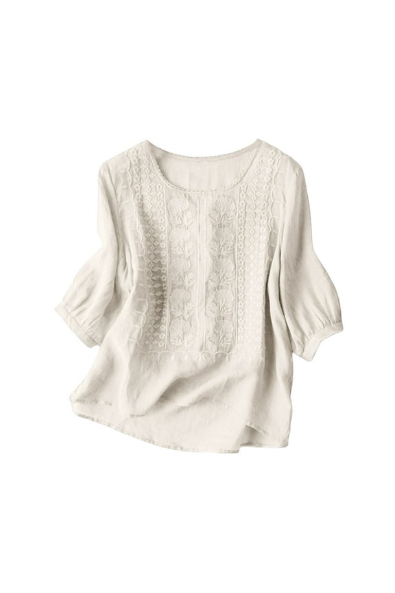 Embroidered Cotton Linen Tops for Women 3/4 Sleeve Summer Boho Peasant Blouses Dressy Casual Bohemian Tunic Shirts White, 3XL