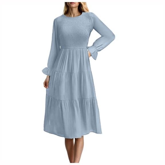 Pimfylm Fall Dresses for Women 2025 Casual Long Sleeve V Neck Elastic Waist Lightweight Maxi Wedding Guest Dress Pockets Blue, S