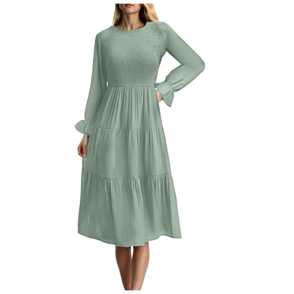 Pimfylm Fall Dresses for Women 2025 Casual Long Sleeve V Neck Elastic Waist Lightweight Maxi Wedding Guest Dress Pockets Light Green, S