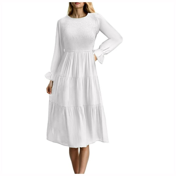 Pimfylm Fall Dresses for Women 2025 Casual Long Sleeve V Neck Elastic Waist Lightweight Maxi Wedding Guest Dress Pockets White, S
