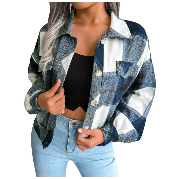 Pimfylm Flannel Jacket Women Long Sleeve Cropped Fleece Jackets Button Down Western Soft Fall Fashion Plaid Shacket Blue, M