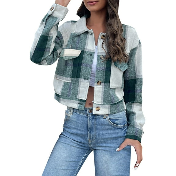 Pimfylm Flannel Jacket Women Long Sleeve Cropped Fleece Jackets Button Down Western Soft Fall Fashion Plaid Shacket Green, M