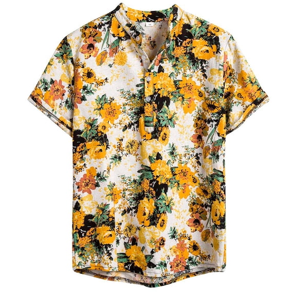 Pimfylm French Dress Shirts For Men Slim Fit Men's Print Button Down Dress Shirt Fashion Casual Shirts Yellow Medium