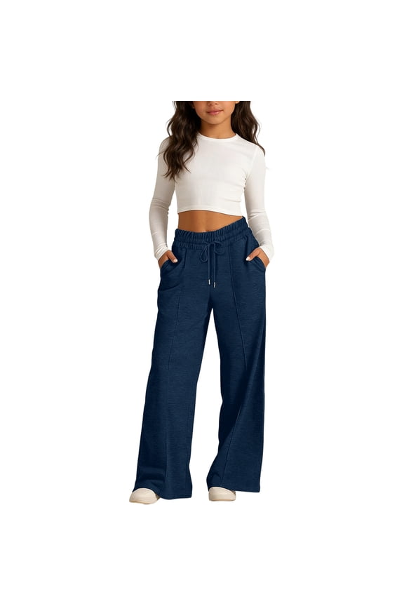 Girl Stretch Jogger Sweatpants Girls Parachute Pants Cargo Baggy Drawstring with Pockets Elastic Y2K for Kids Navy,Size for 6-8 Years