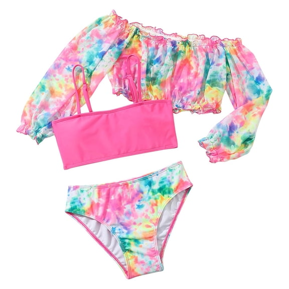 Pimfylm Girl Swimwear Girls Bathing Suit Adjustable Taniki Swimsuit Tie Front Bikini Set with Cover Up 3PCS Pink,Size for 9-10 Years