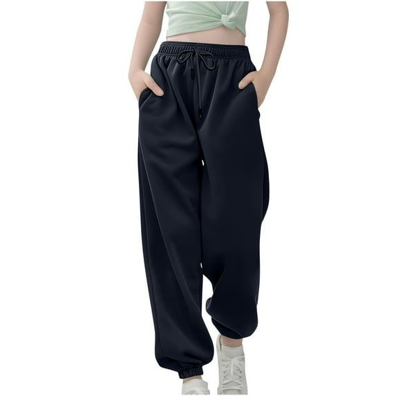 Pimfylm Girls Casual Sweatpants Girls Sweatpants with Cargo Pockets Elastic Waistband Wide Leg Causal Kids High Waisted Pants Navy,Size for 7-8 Years