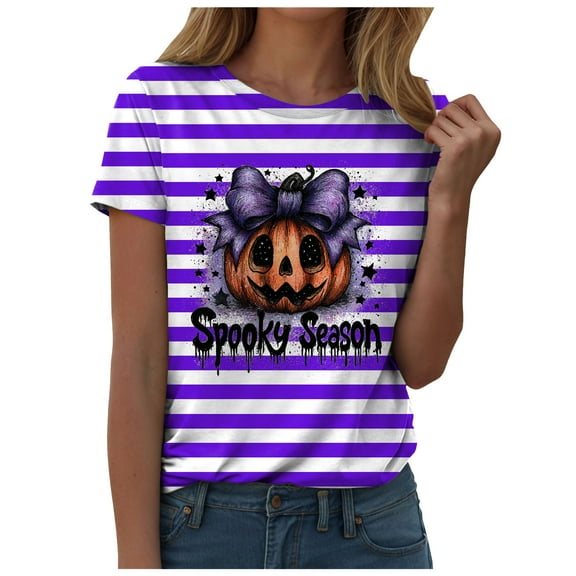 Pimfylm Halloween for Women Scary Print T Shirt Short Sleeve Crewneck Vintage Ghost Graphic Tees Fall Tops Purple, M