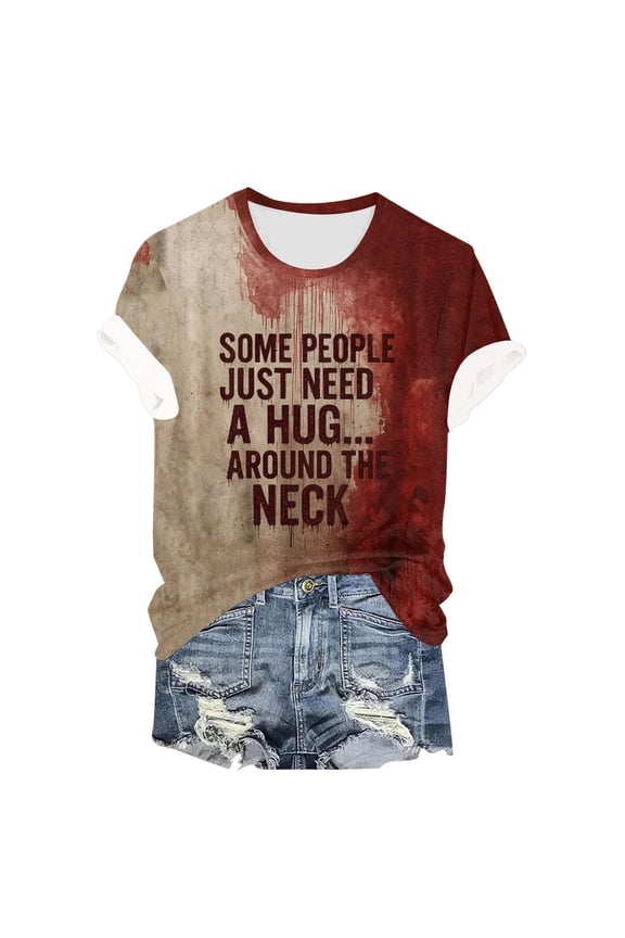 Halloween Shirts for Women 2025 Horror Bloody Letter Print V neck Tshirt Halloween Costumes Wine, L