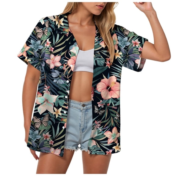 Pimfylm Hawaiian Shirts for Women Hawaii Tropical Button Down Tops Summer Beach Vacation Outfits Floral Short Sleeve Blouses AG, S