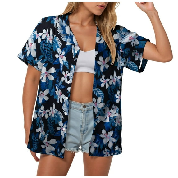 Pimfylm Hawaiian Shirts for Women Hawaii Tropical Button Down Tops Summer Beach Vacation Outfits Floral Short Sleeve Blouses Dark Blue, L