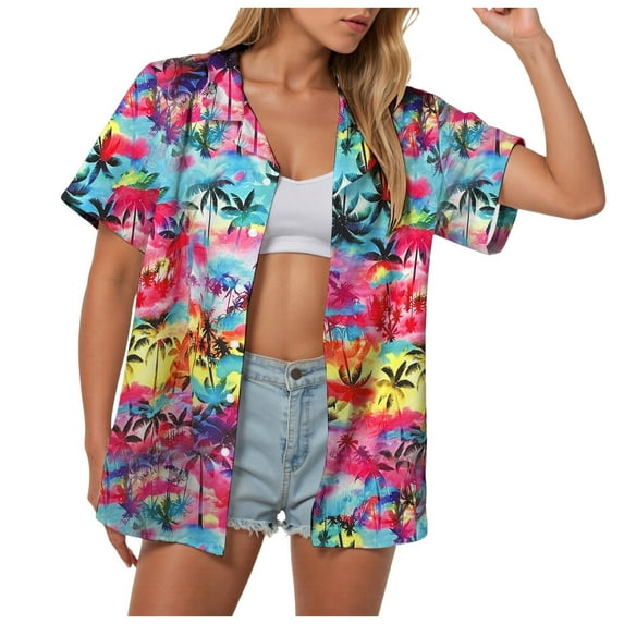 Pimfylm Hawaiian Shirts for Women Hawaii Tropical Button Down Tops Summer Beach Vacation Outfits Floral Short Sleeve Blouses Hot Pink, XXXXXL