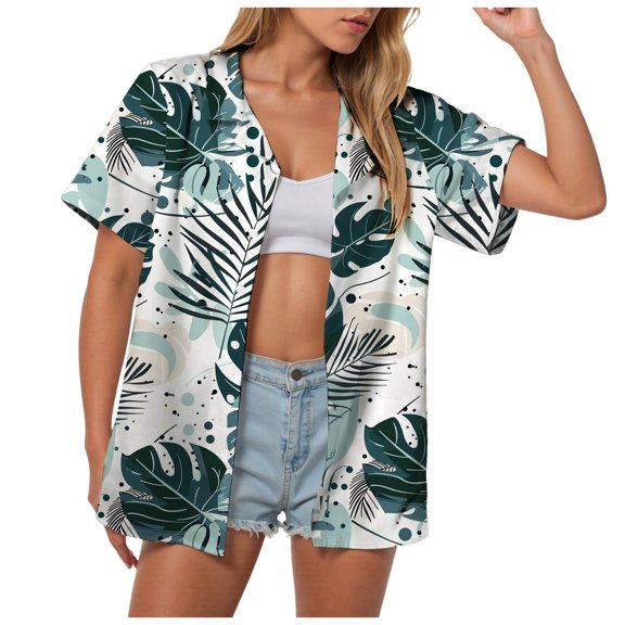 Pimfylm Hawaiian Shirts for Women Hawaii Tropical Button Down Tops Summer Beach Vacation Outfits Floral Short Sleeve Blouses Light Green, S