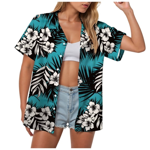 Pimfylm Hawaiian Shirts for Women Hawaii Tropical Button Down Tops Summer Beach Vacation Outfits Floral Short Sleeve Blouses Mint Green, S