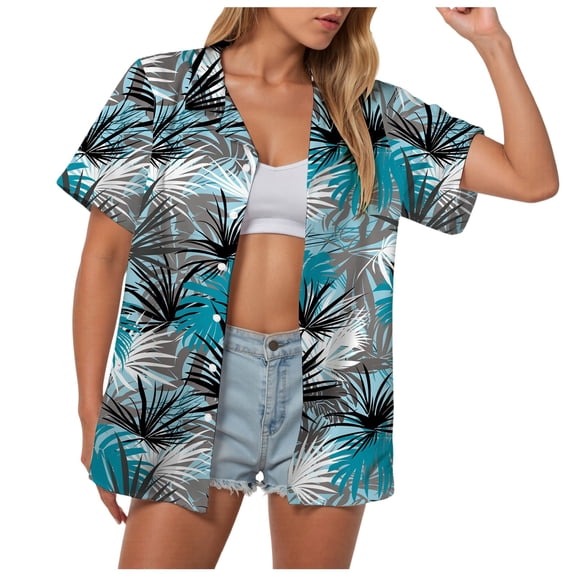 Pimfylm Hawaiian Shirts for Women Hawaii Tropical Button Down Tops Summer Beach Vacation Outfits Floral Short Sleeve Blouses Mint Green, S