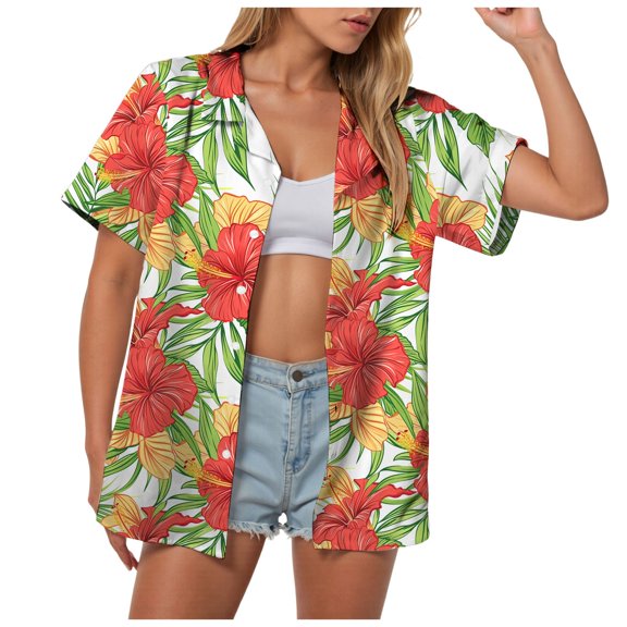 Pimfylm Hawaiian Shirts for Women Hawaii Tropical Button Down Tops Summer Beach Vacation Outfits Floral Short Sleeve Blouses Orange, L