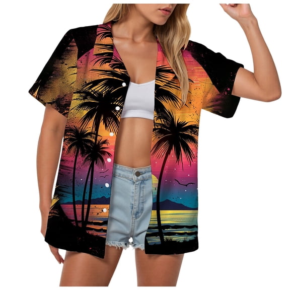 Pimfylm Hawaiian Shirts for Women Hawaii Tropical Button Down Tops Summer Beach Vacation Outfits Floral Short Sleeve Blouses Orange, M