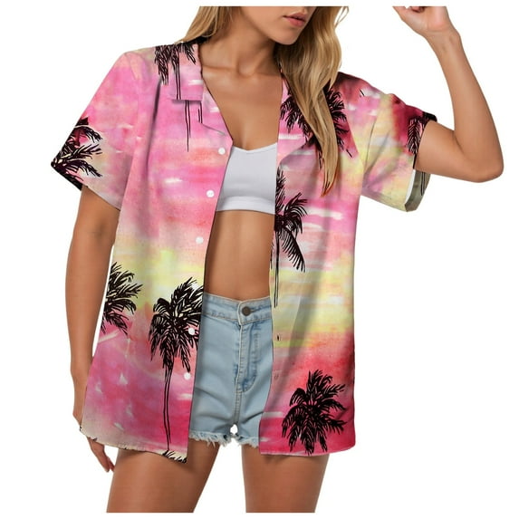 Pimfylm Hawaiian Shirts for Women Hawaii Tropical Button Down Tops Summer Beach Vacation Outfits Floral Short Sleeve Blouses Pink, XXXXL