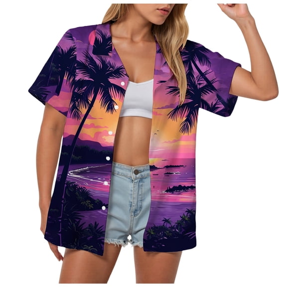 Pimfylm Hawaiian Shirts for Women Hawaii Tropical Button Down Tops Summer Beach Vacation Outfits Floral Short Sleeve Blouses Purple, M